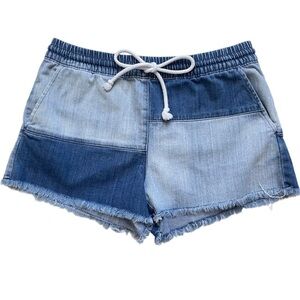 Aerie Patch Blue Denim Shorts Raw Fringe Hem Drawstring Waist Size S
